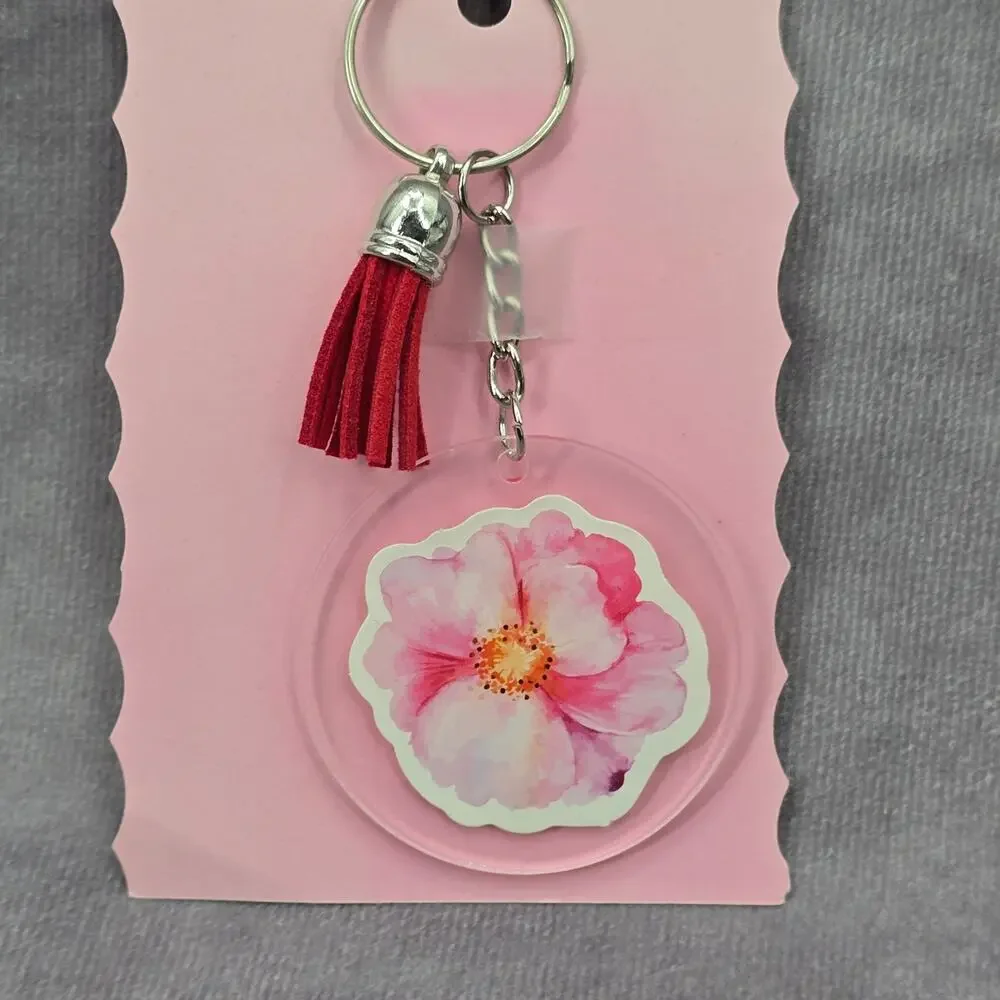 Letter Keychain Clear Silver Circle Handmade Acrylic Tassel Flower‎ I Red